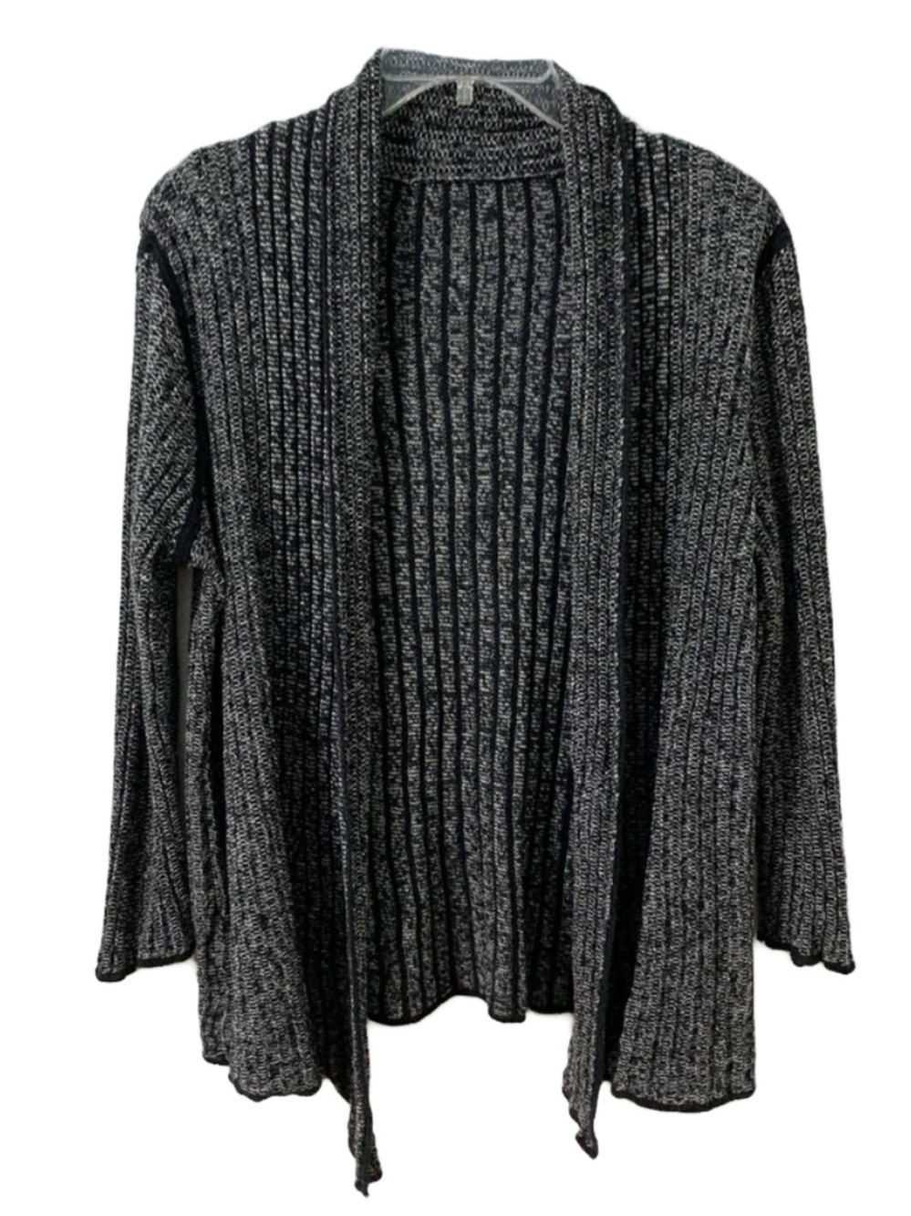 Croft & Barrow Linen Blend Open Front Cascade Cardigan Sweater Black White Fleck